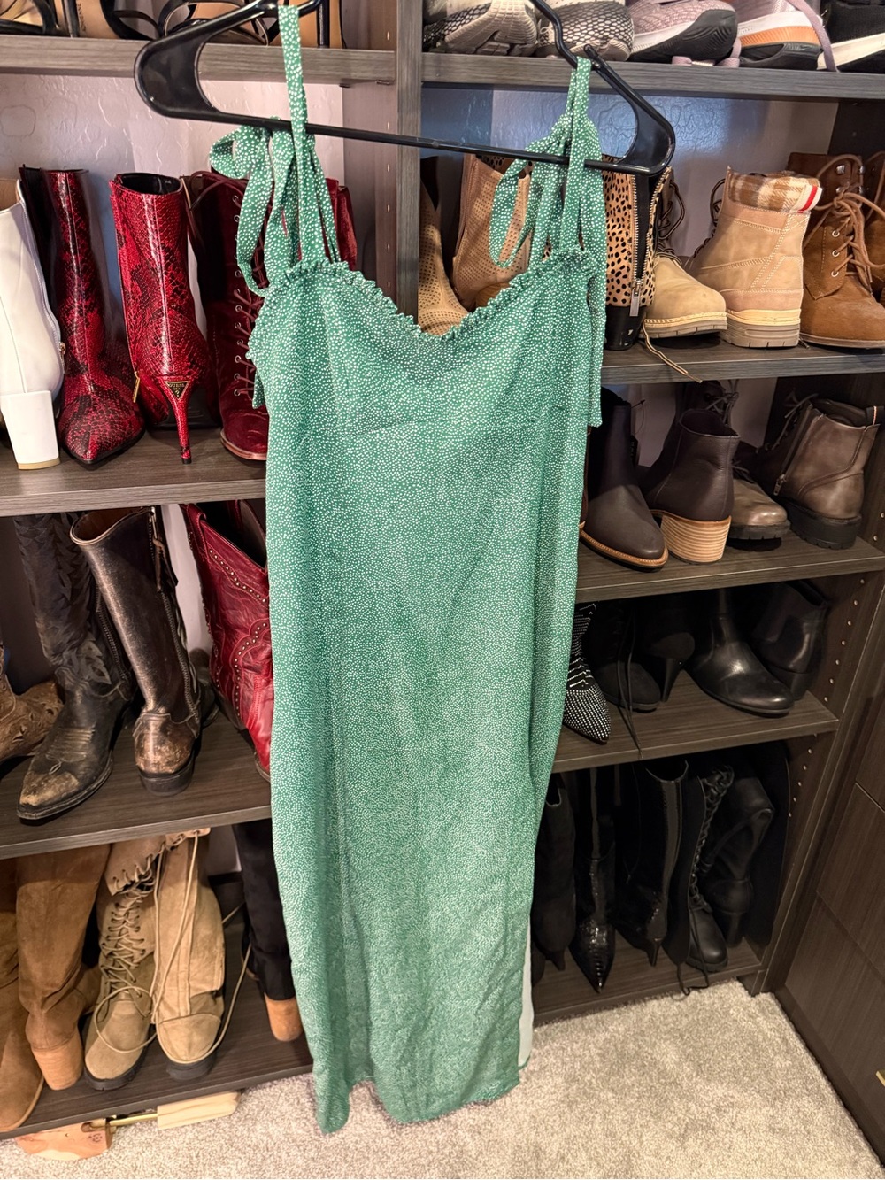 Green Tie-Shoulder Maxi Dress - with leg slit
